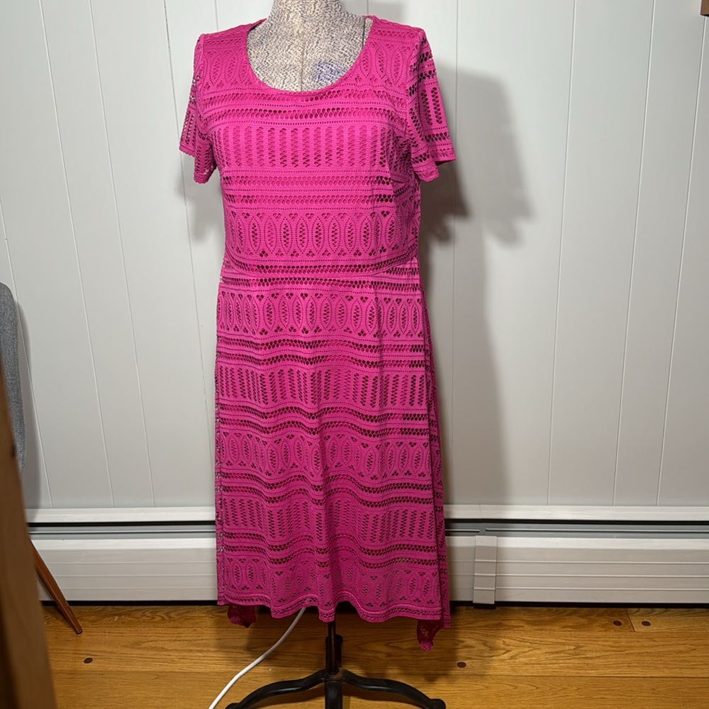 Dana Buchman Womens Large Fuchsia Asymetrical Eyelet Overlay Short Sleeve